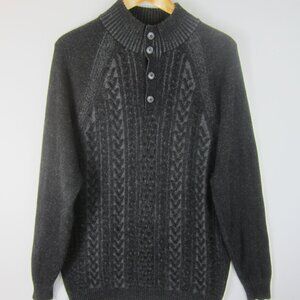 Forte Cashmere Men XL Black Gray Marled LS Sweater Mock Neck Button Cable Knit